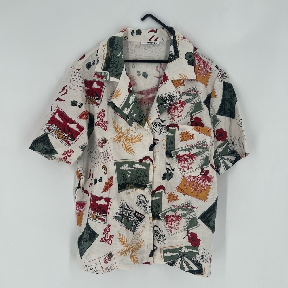 Reformation Cuba Postcard Novelty Print Linen Short Sleeve Button Down Shirt